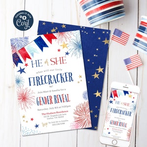 Firework Gender Reveal, Firecracker Gender Reveal Invitation template, 4th of July Gender Reveal, 5x7, digital Firework Reveal, DIY Template
