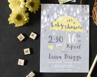 Umbrella baby shower invitations, spring gender neutral baby shower invitation, yellow gray, pink, blue, baby boy, baby girl, April, rain