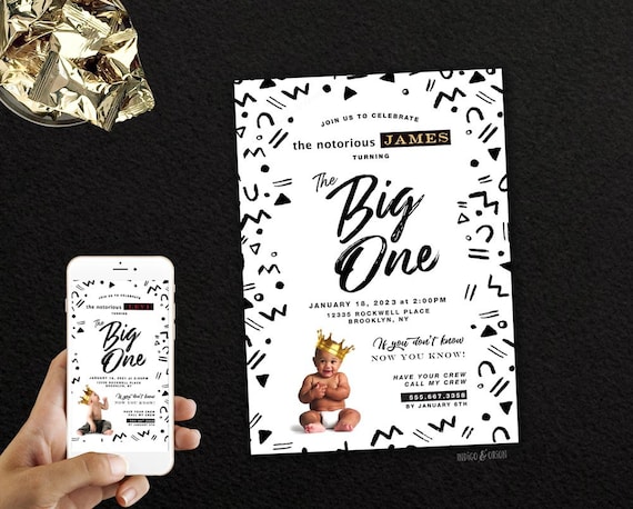 Notorious One Birthday Invitation 90s Hip Hop Party invite (Digital). Photo edit included