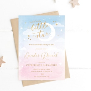 Twinkle Twinkle Little Star Gender Reveal Invitation Template, Moon and Gold Stars Gender Reveal Party Invite, He or She, Pink or Blue evite