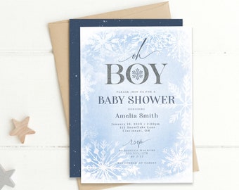 Oh Boy Baby Shower Invitation, Winter Baby Shower Invite, Winter wonderland Baby Shower, snowflake baby shower Editable Baby Shower Template