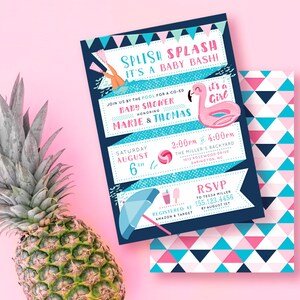 May include: A blue and pink baby shower invitation with a flamingo pool float and the text "Splish Splash It's a Baby Bash!"  Join us by the pool for a co-ed baby shower honoring Marie & Thomas. Saturday, August 6th, 2:00pm - 4:00pm. The Miller's Backyard, 1013 Rosewood Drive, Barrington, NC. RSVP to Tessa Miller 155.123.4456 by August 1st. Registered at Amazon & Target.