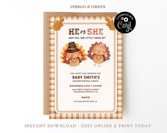 Turkey Gender Reveal Invitation, Editable Thanksgiving gender reveal Invite (Corjl Template)