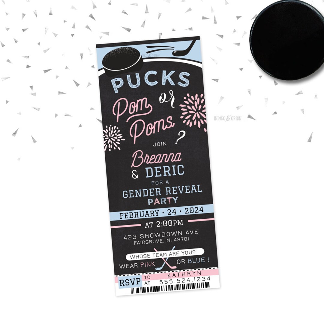 Hockey Gender Reveal Invitation, Pucks or Pom Poms Gender Reveal Invitations, Party Ticket, He