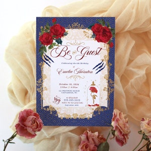 Beauty and the Beast Birthday invitation,  belle, roses, Princess Birthday theme, custom birthday invite, digital and printable