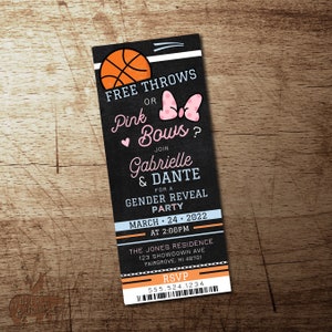 Basketball Gender Reveal invitation, Free Throws or pink bows gender reveal party ticket, he or she Pink or Blue, Cheer bows, printable file