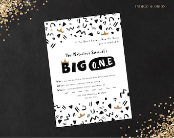 90s Hip Hop Big one 1st Birthday Invitation: Black and Gold (Digital Download)