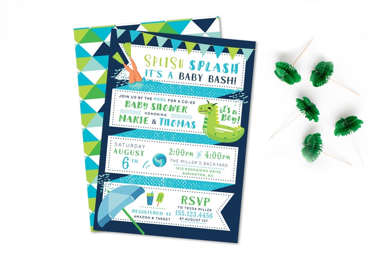 May include: A blue and green baby shower invitation with a pool, a dinosaur float, and the text "Splish Splash It's a Baby Bash!"  Join us by the pool for a co-ed baby shower honoring Marie & Thomas. Saturday, August 6th, 2:00pm to 4:00pm. The Miller's Backyard, 1012 Rosewood Drive, Darlington, NC. RSVP to Tessa Miller 155.123.4456 by August 1st. Registered at Amazon & Target.