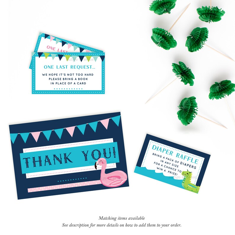 May include: A blue and pink thank you card with a flamingo illustration. The card has a banner design with the text "Thank You!" in a white box. A separate card says "Diaper Raffle" with a green dragon illustration. The text says "Bring a pack of diapers in any size for a chance to win a prize!"