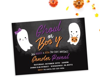 Ghoul or Boy Gender Reveal Invitation, Purple and orange Halloween gender reveal invite, he or she what will it be, ghost theme, invites