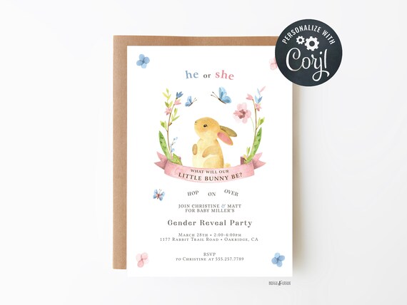 Bunny Gender Reveal Invitations, Rabbit, Spring Baby gender reveal, cute he or she gender reveal invites, DIY printable template, EDITABLE