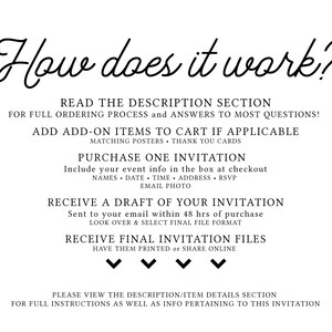 May include: Black and white text on a white background explaining how to purchase and receive a digital invitation. The text reads "How does it work?" and includes instructions for adding add-on items, purchasing the invitation, receiving a draft, and receiving the final files.