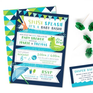 May include: Blue and green baby shower invitation with a cartoon illustration of a person diving into a pool. The invitation says "Splish Splash It's a Baby Bash!" and includes details about the event, including the date, time, and location. The invitation also includes a green dinosaur on a pool float with the text "It's a Boy!"