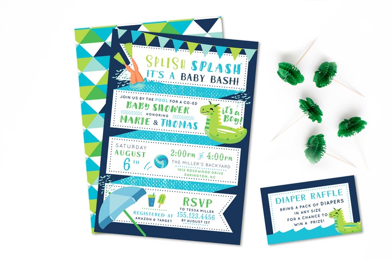 May include: Blue and green baby shower invitation with a cartoon illustration of a person diving into a pool. The invitation says "Splish Splash It's a Baby Bash!" and includes details about the event, including the date, time, and location. The invitation also includes a green dinosaur on a pool float with the text "It's a Boy!"