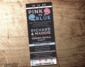 Football Gender Reveal Invitation: Pink vs Blue Ticket invite, Digital printable jpg pdf