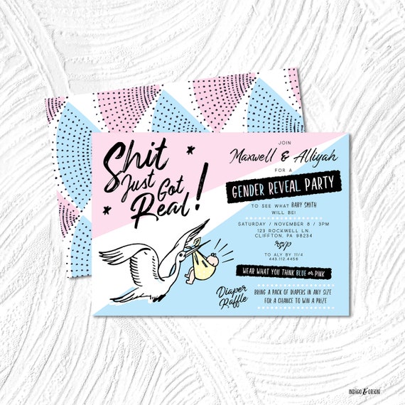 Shit Just Got Real Gender Reveal Invitation Funny Pink Or Etsy