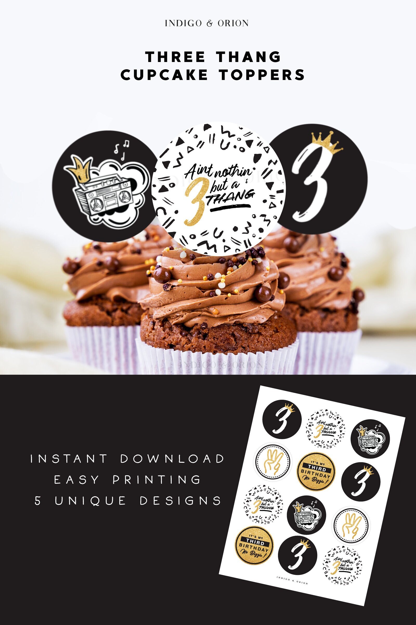 Three Thang 3rd Birthday Cupcake Toppers (Digital Download)
