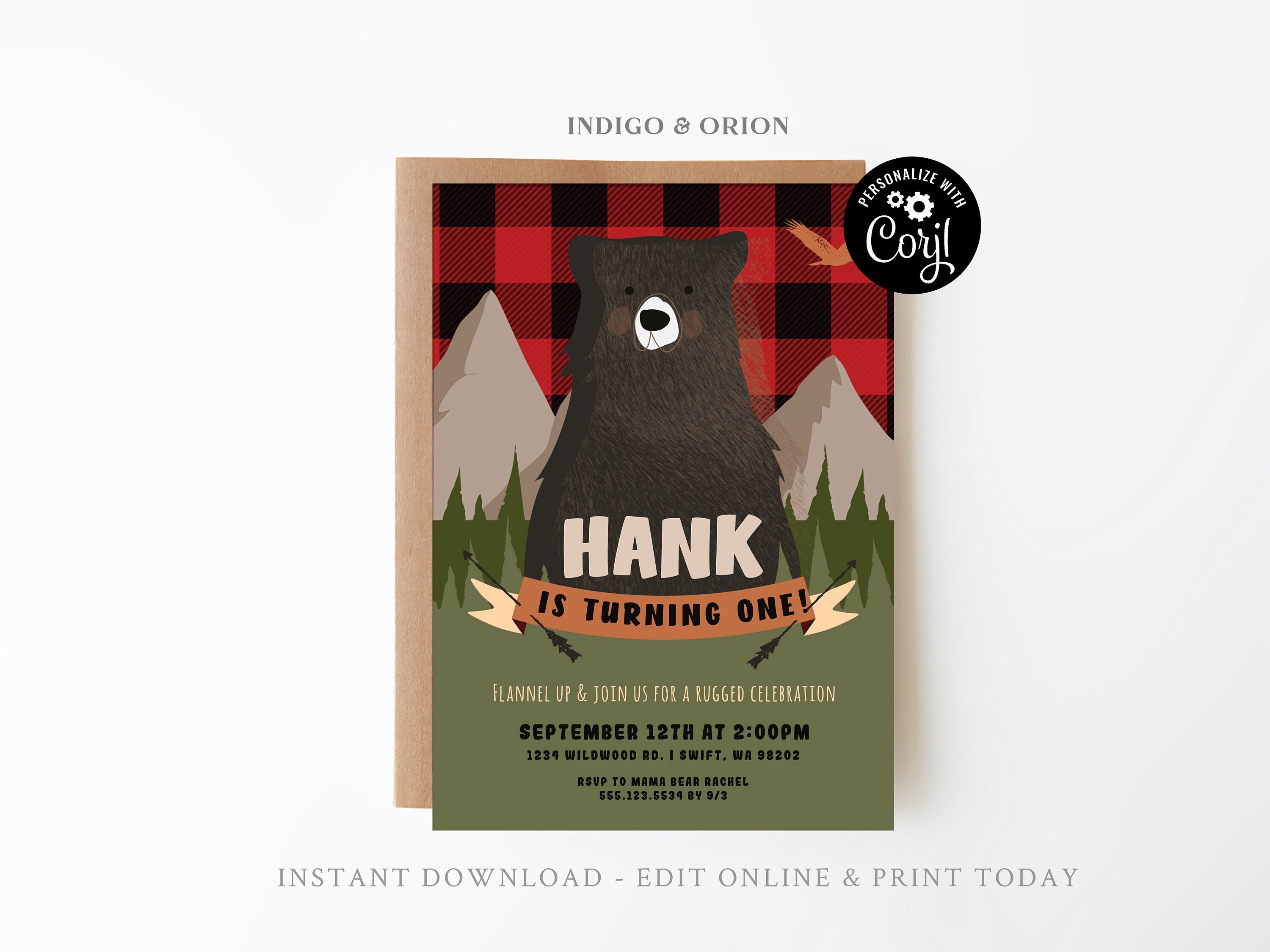 Lumberjack first birthday invitation woodland bear 1st birthday invitation editable evite flannel printable 5x7 DIY template
