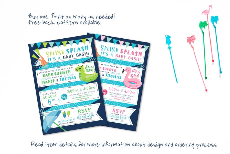 May include: Two blue and green baby shower invitations with a pool and flamingo theme. The text on the invitations reads "Splish Splash It's a Baby Bash!" and includes the time and date of the event. RSVP information is also included.
