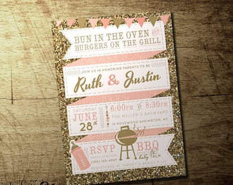 Pink Baby-Q Shower Invitation, BBQ Baby Girl Shower Invitation, Baby Girl Shower Invitation, bun in the oven, Printable, gold glitter, pink
