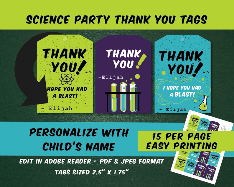 Science Party Favor Tags Science Birthday Thank You Tags Etsy
