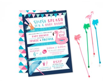 Pool Party Baby Shower Invitation: Splish Splash Flamingo Theme