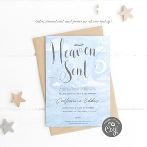 Heaven Sent Baby Shower Invitation: Blue Cloud Design (Digital, Printable)