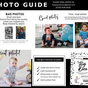 May include: A guide for sending good photos for a custom birthday invitation. The guide shows examples of bad photos, good photos, and the best photos to send. The best photos are large, in focus, have a light background, show the whole body, and are taken on a solid surface floor. The guide also includes a sample invitation with a photo of a child.