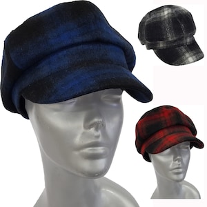 May include: Three different plaid newsboy caps. The caps are black and blue, black and white, and black and red.