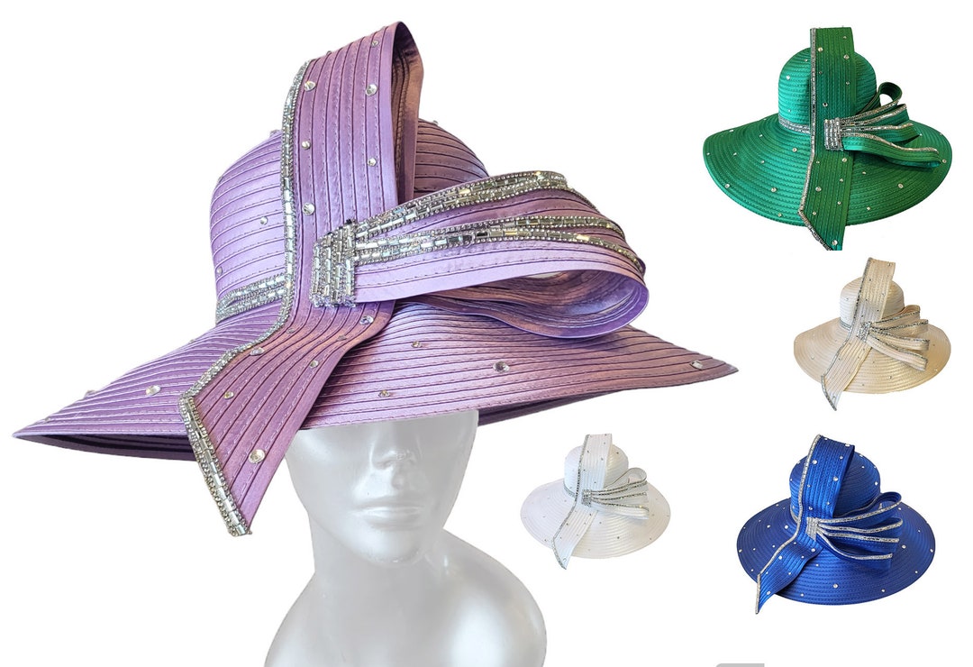 Designer couture satin ribbon hat with crystal rhinestones for church White Couture Satin Ribbon Derby Hat: Rhinestone Special Occasion  main image 2