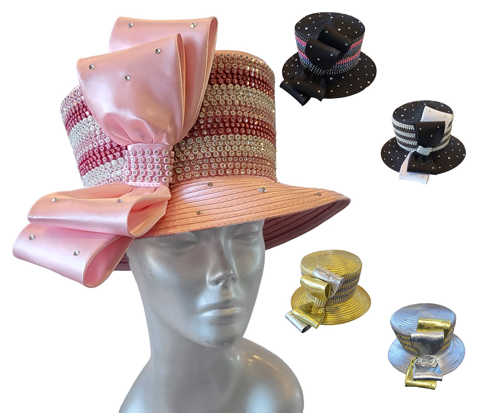 Wide Brim Linen Fascinator Hat, Handmade Rhinestone Bow, Derby Church Wedding GLAKJGIY Church Hat for Women Derby Tea Party Wedding Dress  main image 2