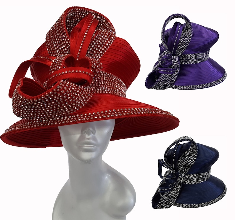 Women/'s Designer Couture Crystal Rhinestones Satin Ribbon Hat Church Wedding