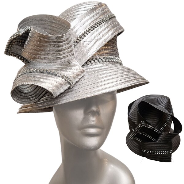 Women's Satin Ribbon Designer Couture Church Kentucky Derby Wedding Bridal Special Occasions Hat Silver or Black