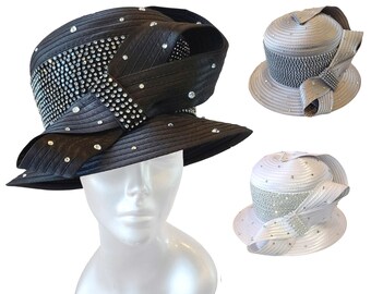 Tango Suits Gray Satin Ribbon Cloche Hat with Beads and Rhinestones grace-cloche-hat-cuddly-faux-  main image 2