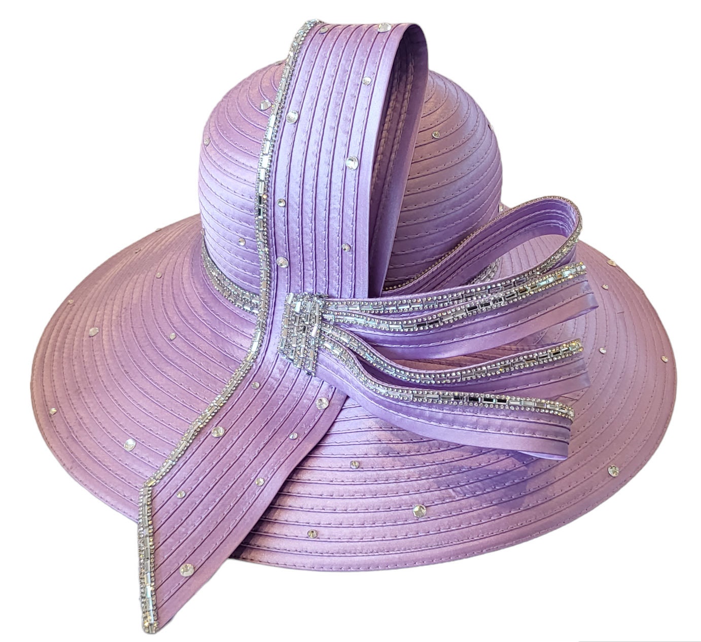 Designer couture satin ribbon hat with crystal rhinestones for church White Fancy Women Satin Formal Church Hats for Wedding Tea Party main image 2