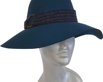 Wide Brim Wool Felt hat, in blue color, women's and great for winter season