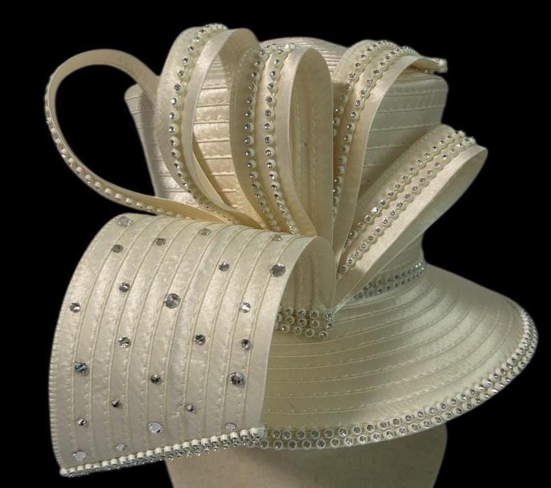 Couture Satin Ribbon Derby Hat: Rhinestone Special Occasion 