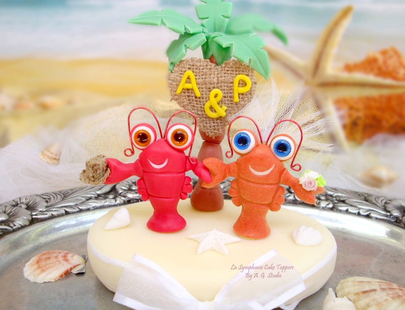 Lobster Wedding Cake Topper With Palm Tree Beach Wedding Etsy