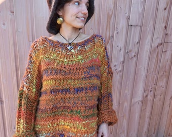 Oversized sweater-Poncho, large size women's loose shape, hand knitted in France, unique piece "Flambée" Aquarêve Les Filles collection.