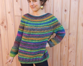 Pull raglan à rayures soie,  laine et mohair multicolore , Silk Garden Noro tricoté main pour femme taille M. Collection Aquarêve Les Filles