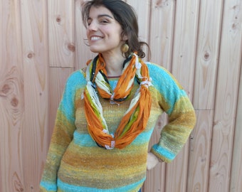 Scarf, collar, snood, boho fashion in chiffon and ribbons, recycled silk