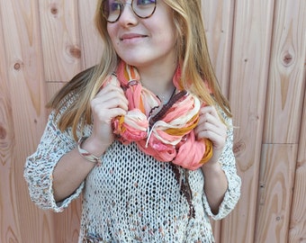 Scarf, collar, snood, boho fashion in chiffon and ribbons, recycled silk