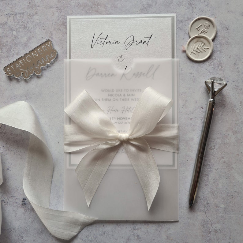 White Vellum Sleeve Wedding Invitation With Hand Dyed Silk Bow Silver