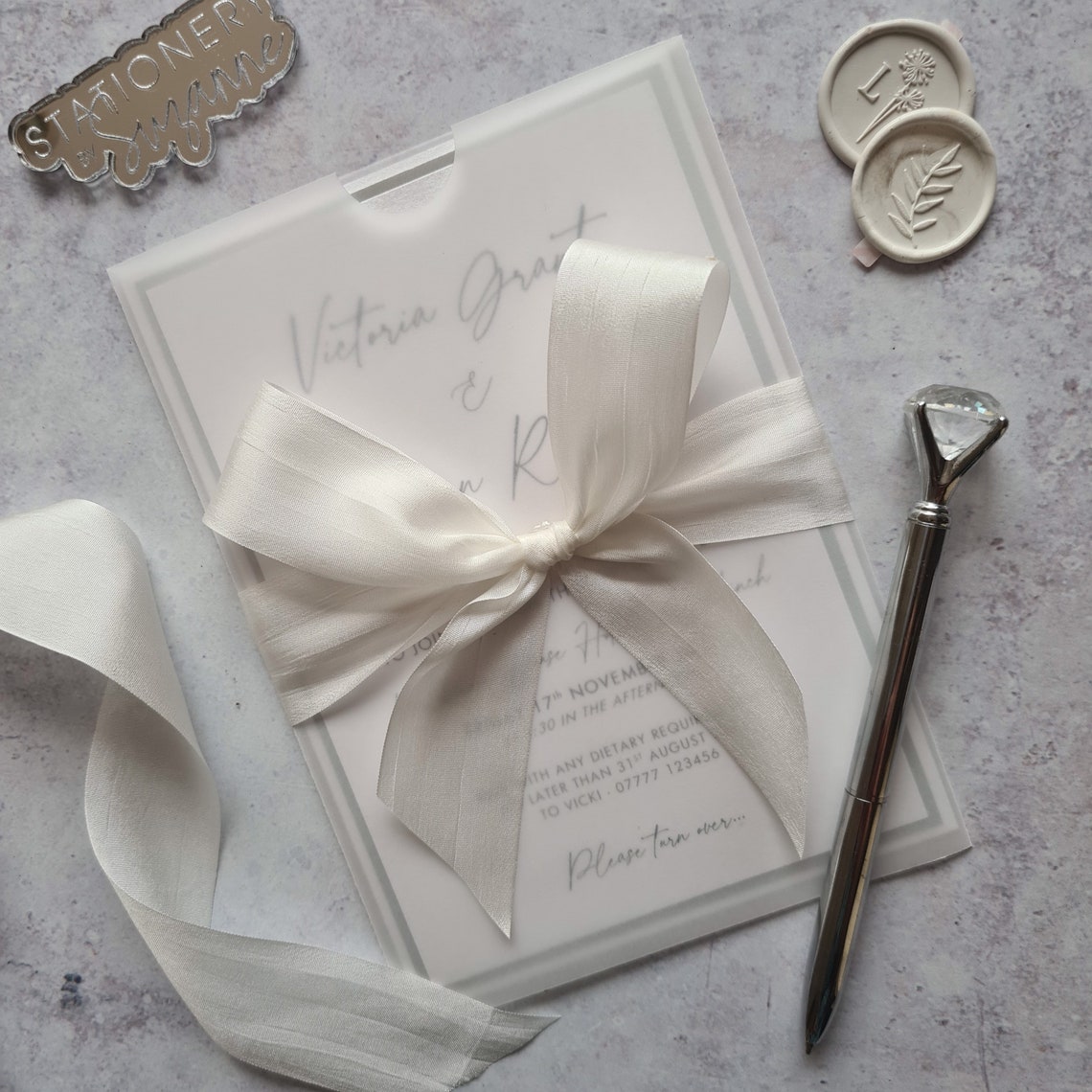 White Vellum Sleeve Wedding Invitation With Hand Dyed Silk Bow Etsy UK