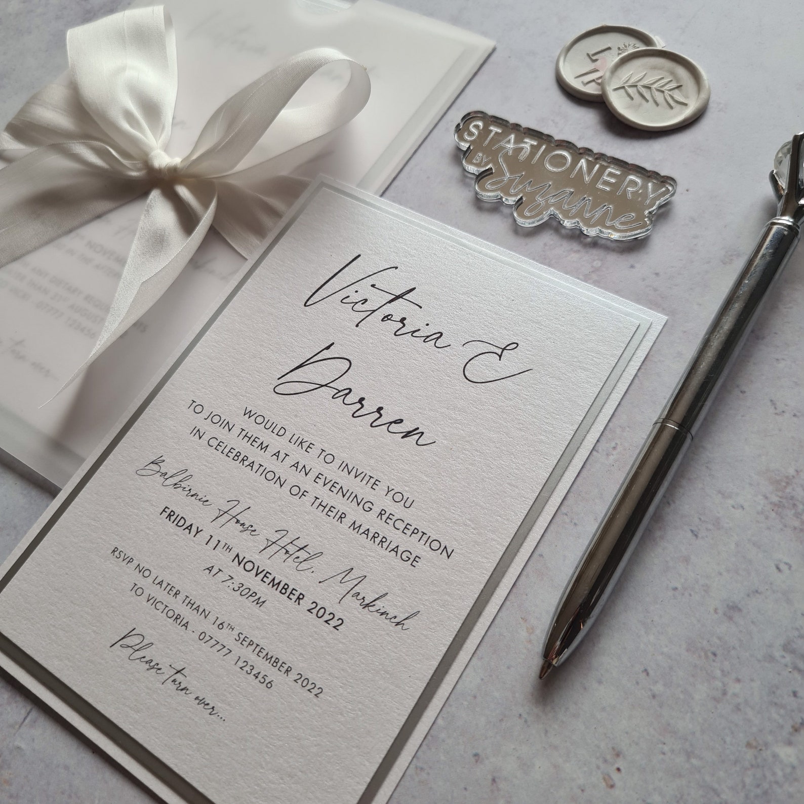 White Vellum Sleeve Wedding Invitation With Hand Dyed Silk Bow Etsy UK