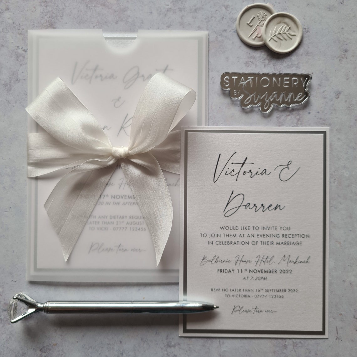 White Vellum Sleeve Wedding Invitation With Hand Dyed Silk Bow Etsy UK