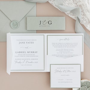 Pocketfold Wedding Invitation with Sage Green Bellyband | Simple | Minimal | Minimalist | Menu | RSVP | Luxury | Clean | Monochrome | Black