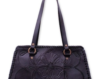 Handcrafted Floral Leather Shoulder Bag 'Midnight Rose'