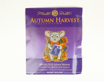 School Mouse Mill Hill Kit, Autumn Harvest Series, Cross Stitch Kit, Bead Kit, inc perforated paper, threads, beads, magnet and needles