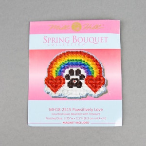 Pawsitively Love Mill Hill Kit, Spring Bouquet Series, Cross Stitch Kit, Bead Kit, incl perforated paper, threads, beads, magnet and needles